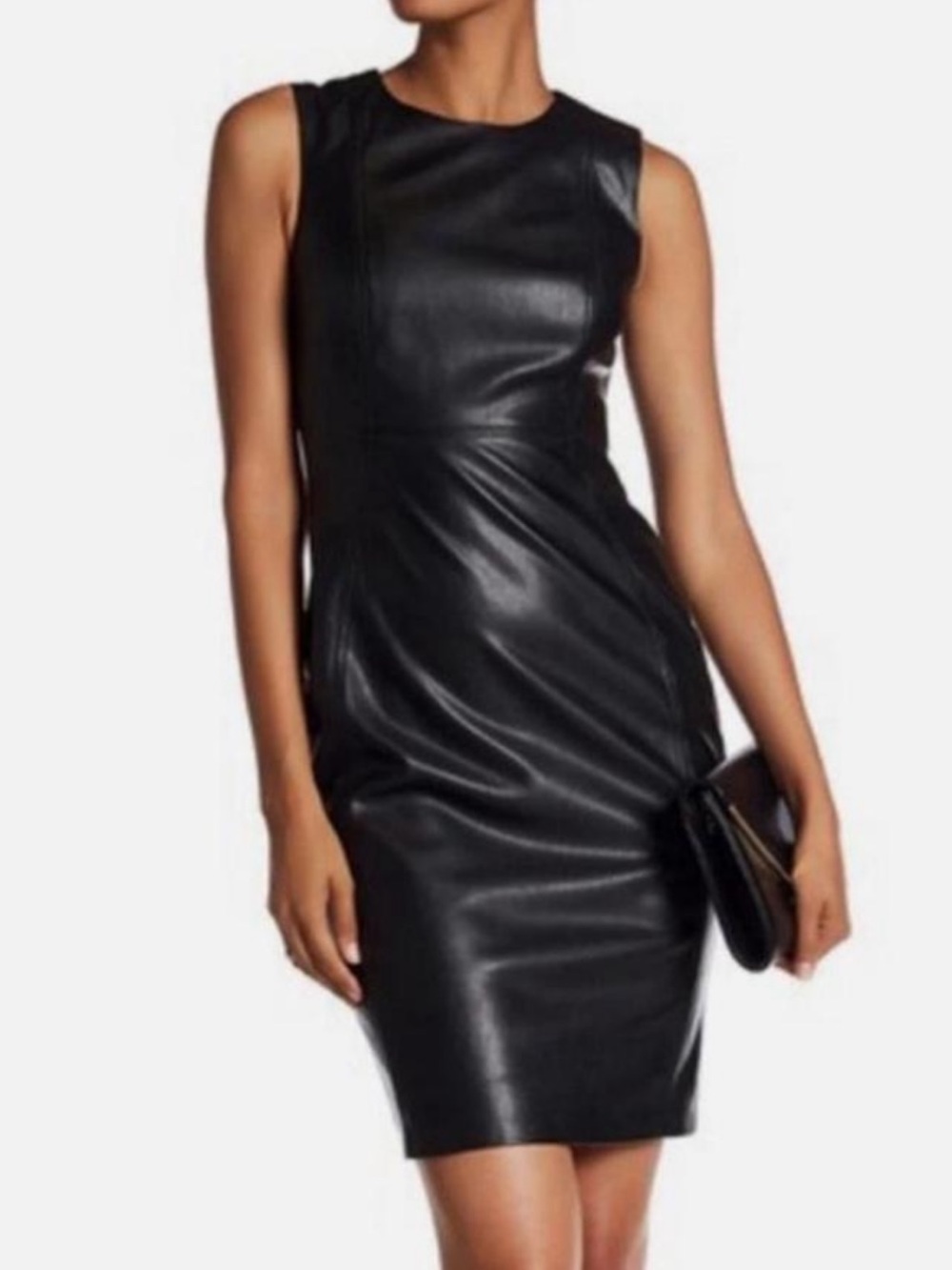 Calvin Klein Black Faux-Leather Sheath Dress with Gold Zip